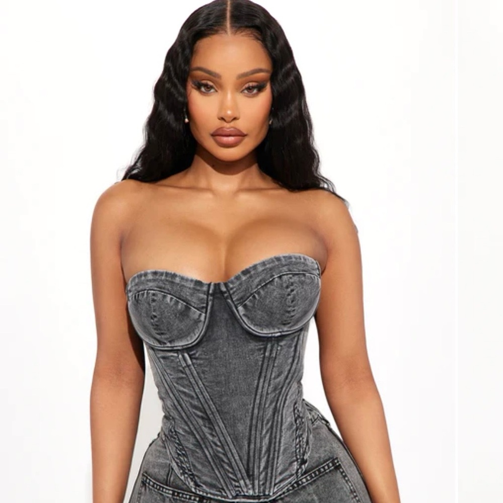 Kaylee Kolection Women’s Black White Denim Print Bustier Corset Top Size L NWT